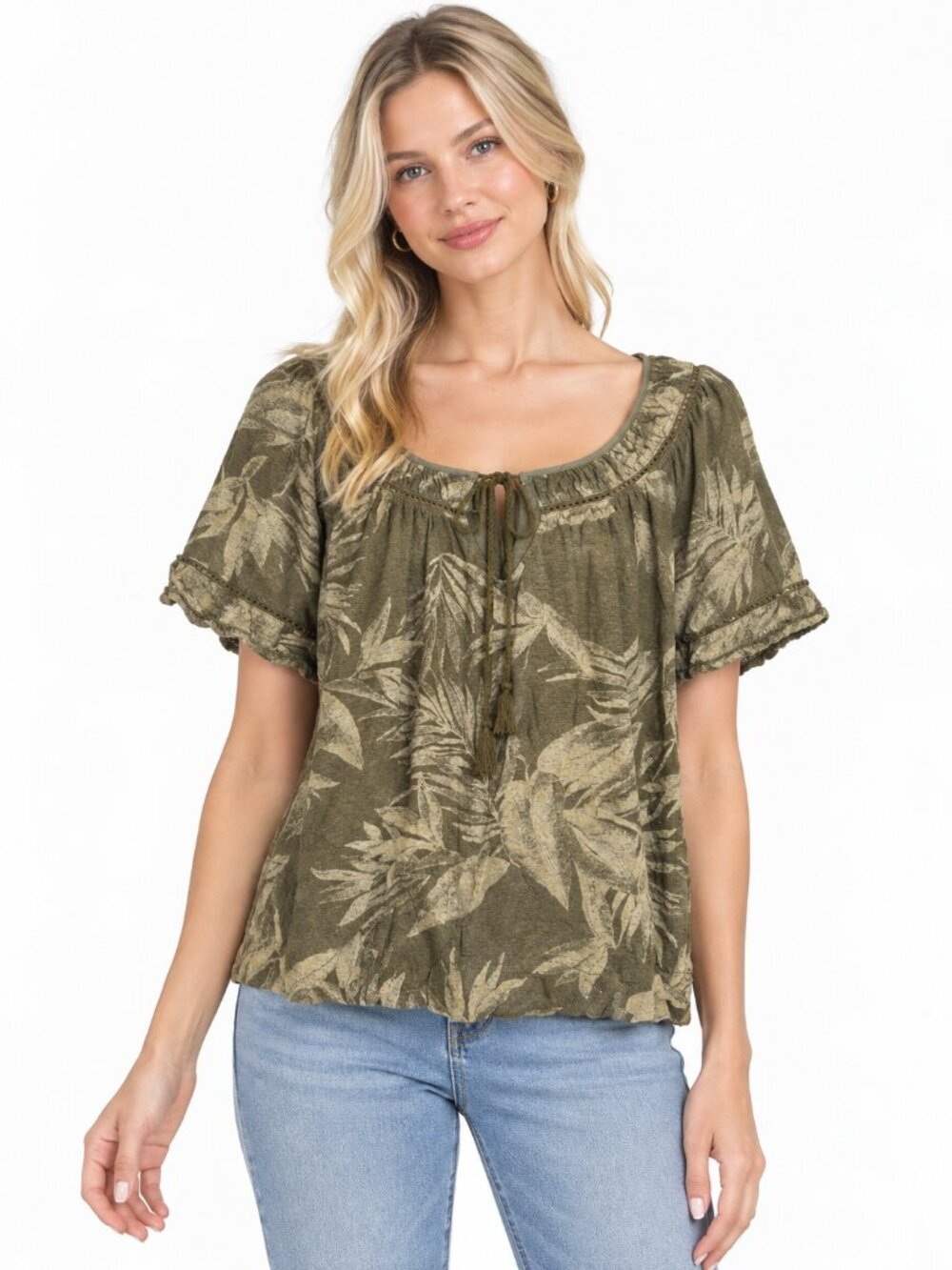 Lucky Brand Foliage Print Tassel Boho Blouse Short Sleeve Olive XS #A4422